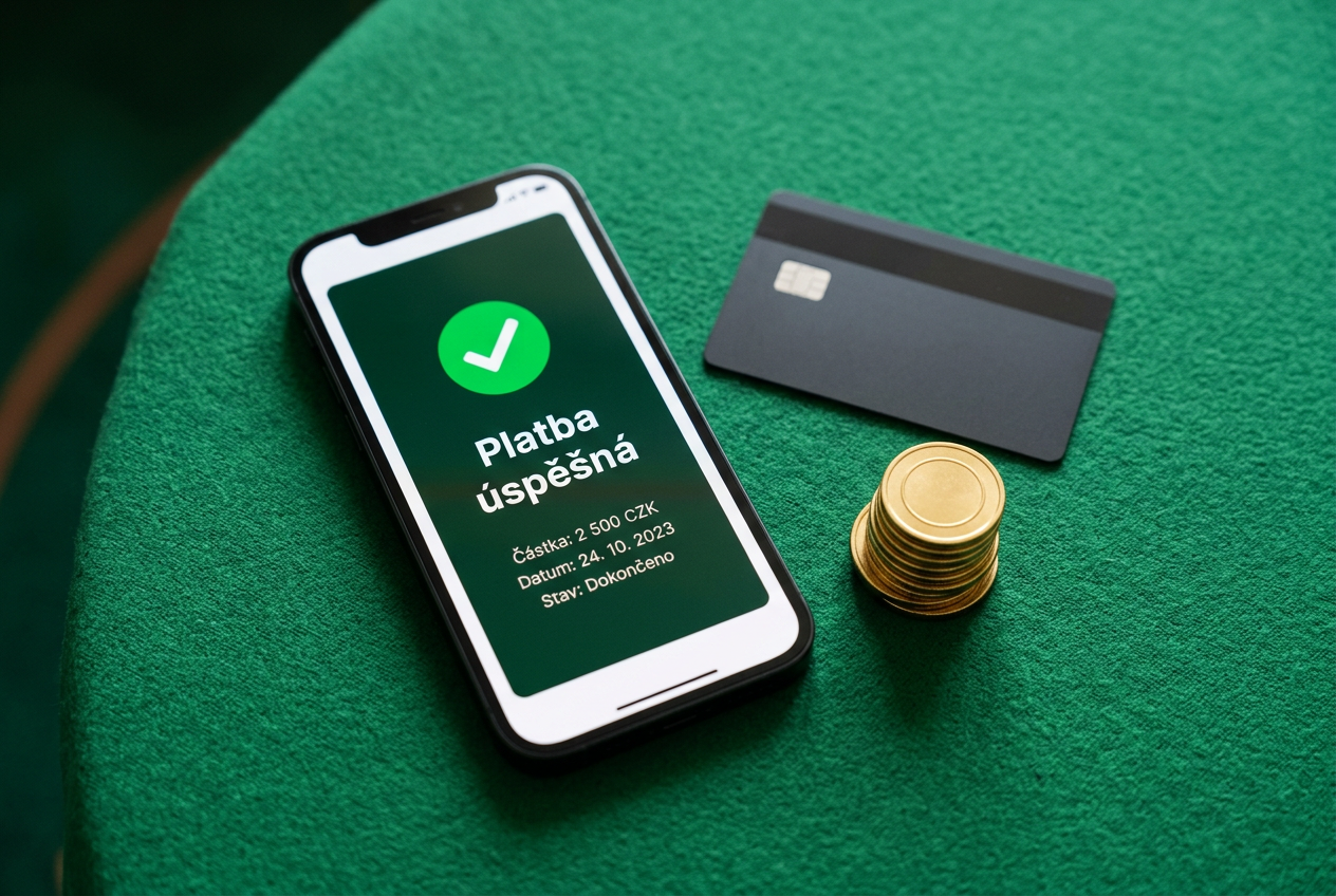 Detailní záběr na smartphone se symbolem potvrzené platby a hromádkou mincí
